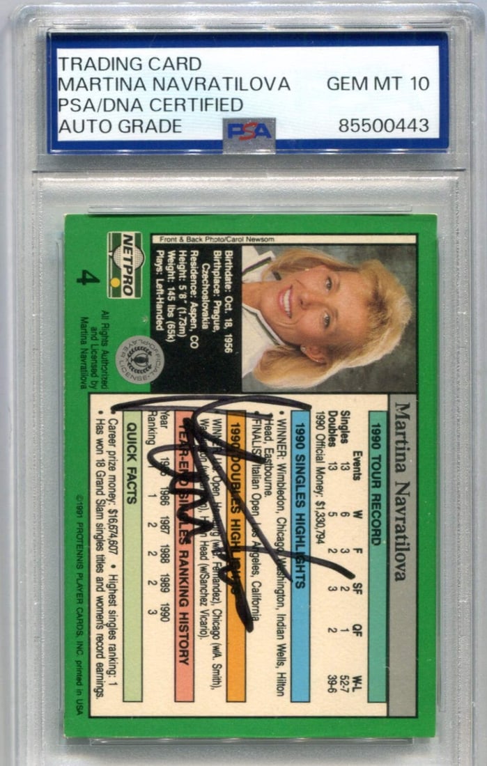 Martina Navratilova 1991 Tour Star Autographed Card PSA AUTO GRADE GEM MT: Martina Navratilova 1991 Tour Star Autographed Card PSA AUTO GRADE GEM MT Martina Navratilova's 1991 Tour Star Autographed Card is a rare collectible, graded by PSA as a Gem Mint 10, the highest ratin