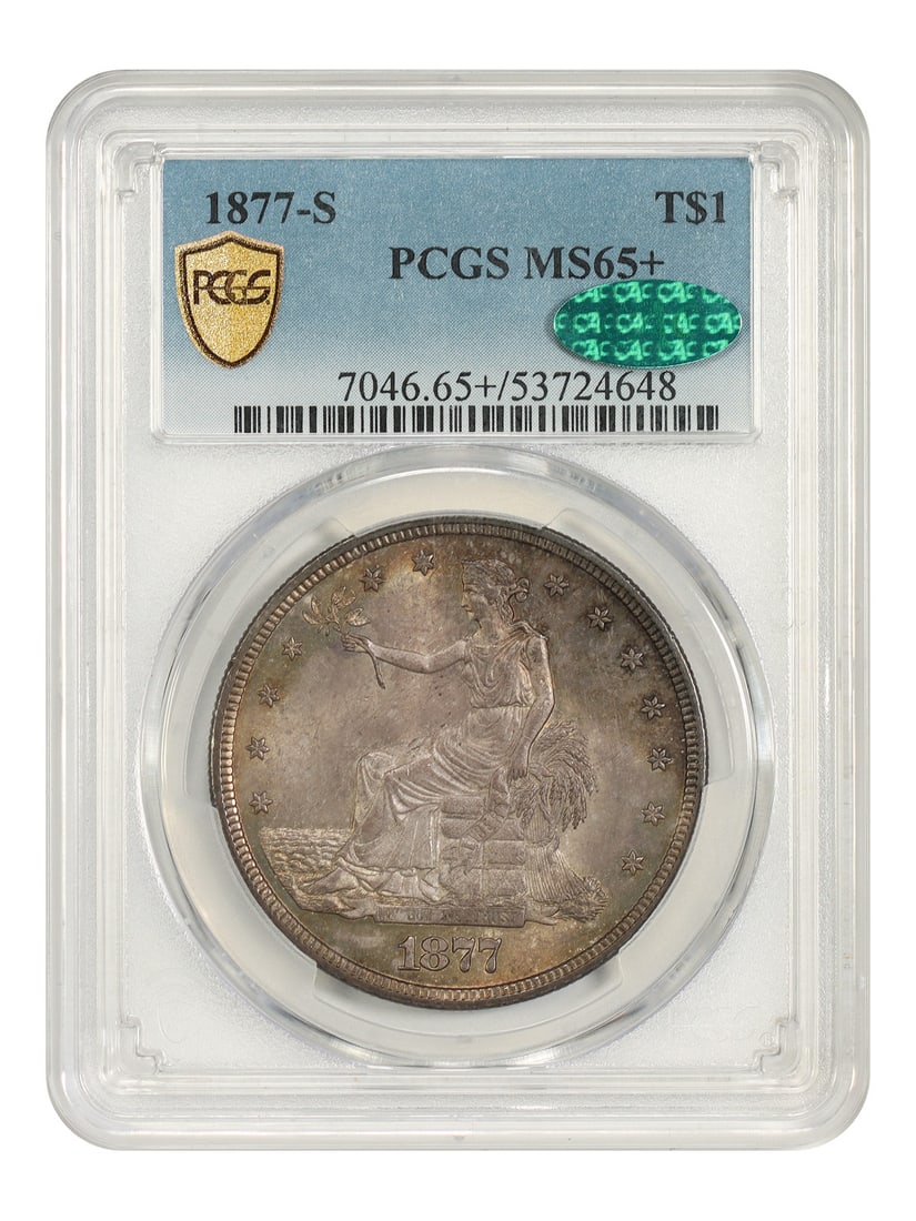 Type Coin PCGS CAC MS65+ Trade Beautifully Toned Dollar 1877-S: Type Coin PCGS CAC MS65+ Trade Beautifully Toned Dollar 1877-S The 1877-S T$1 Dollar is a stunning example of early American coinage, boasting a beautiful toning that adds depth and character to its M