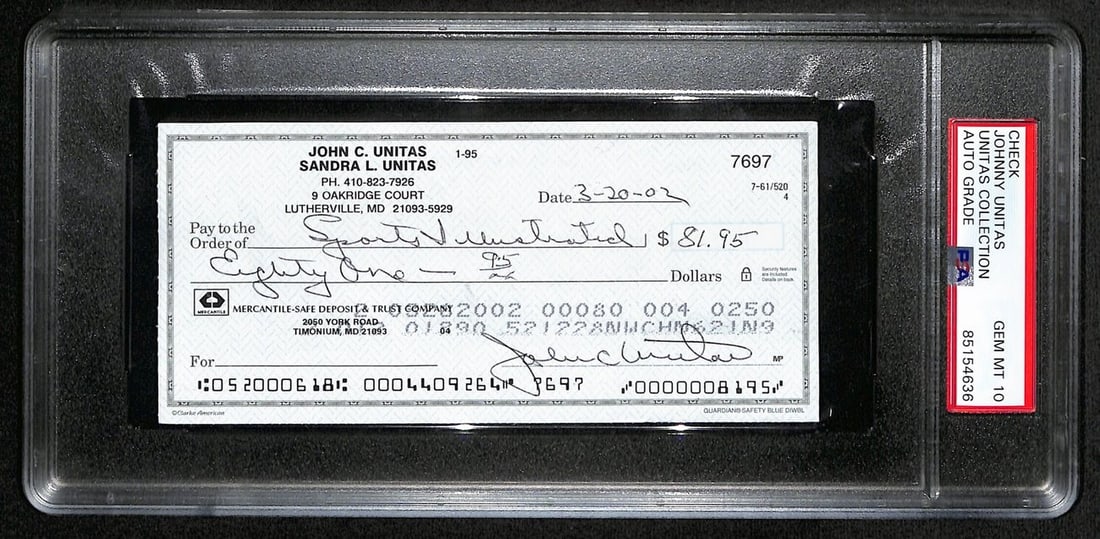 Johnny Unitas Signed 3/ 20/ 02 Check PSA/ DNA GEM MT 10 188650 (1 of 2)