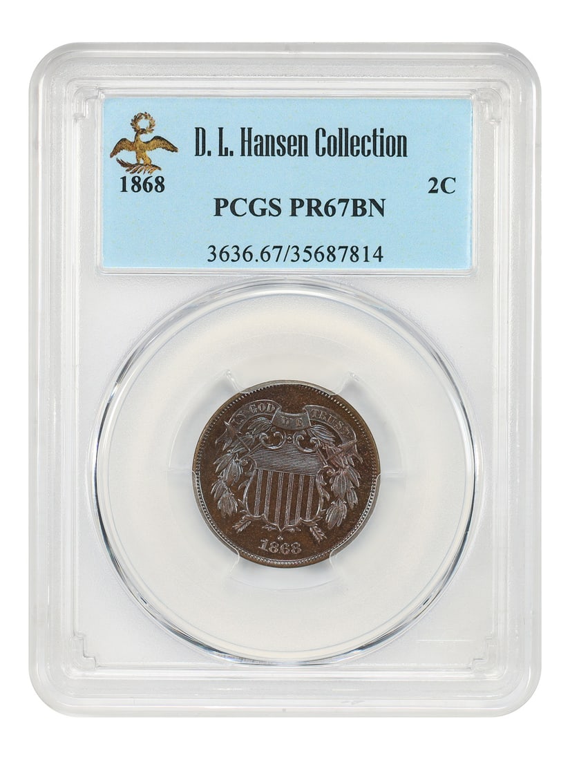 1868 2c PCGS PR67BN ex: D.L. Hansen - Two Cent - Colorfully Toned Proof: 1868 2c PCGS PR67BN ex: D.L. Hansen - Two Cent - Colorfully Toned Proof PCGS PR67BN ex: D.L. Hansen - Two Cent - Colorfully Toned Proof is a highly graded, deeply toned 1868 Two Cent coin. Certified b