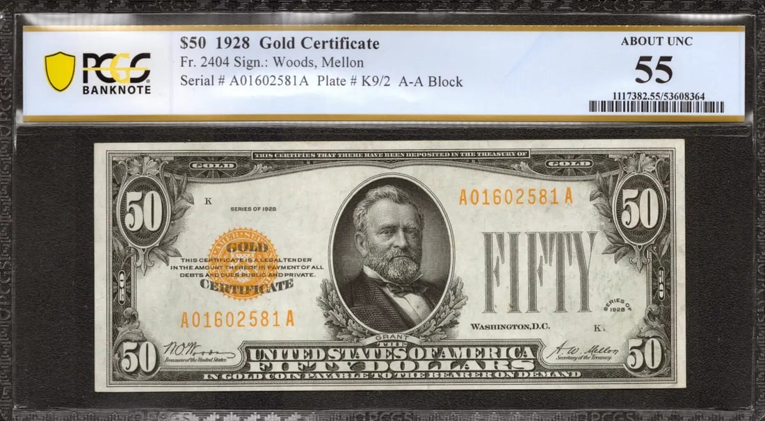 1928 $50 GOLD CERTIFICATE FR.2404 AA BLOCK WOODS MELLON PCGS 55 ABOUT UNC (581A) (1 of 2)