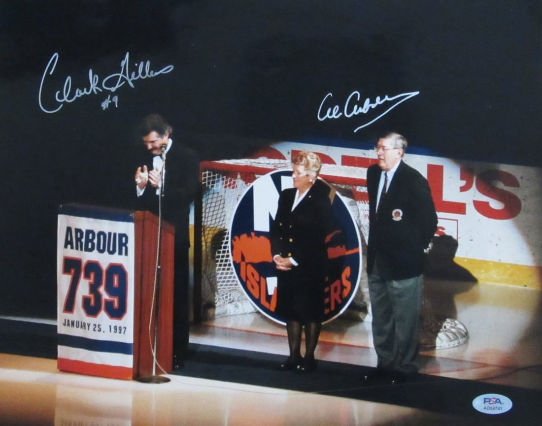 Clark Gillies Al Arbour HOF Auto 195268 Signed Islanders Photo 11x14: Clark Gillies Al Arbour HOF Auto 195268 Signed Islanders Photo 11x14 Signed 11x14 photo of Clark Gillies and Al Arbour, both hockey legends, in their Islanders jerseys, bearing the signatures of both 