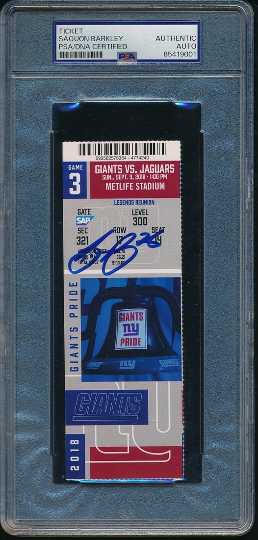 Signed 2018 Full Ticket Barkley Saquon Giants vs Jaguars Debut 196002 NFL Full PSA (1 of 2)
