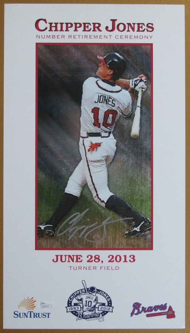 HOF Braves Chipper Jones Signed Poster 10x18 Number Retirement: HOF Braves Chipper Jones Signed Poster 10x18 Number Retirement Authentic HOF Braves Chipper Jones Signed 10x18 Number Retirement Poster. This officially licensed poster features Chipper Jones' retired