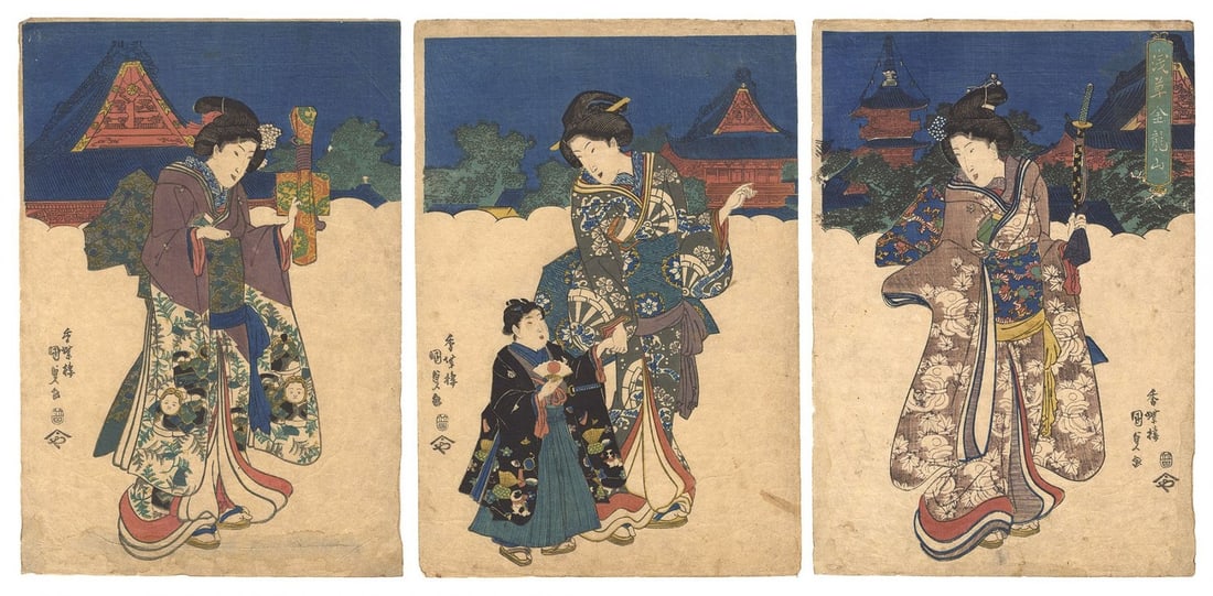 Kinryuzan Temple Asakusa Woodblock Print Kunisada I Triptych Ukiyo e 1840s (1 of 1)