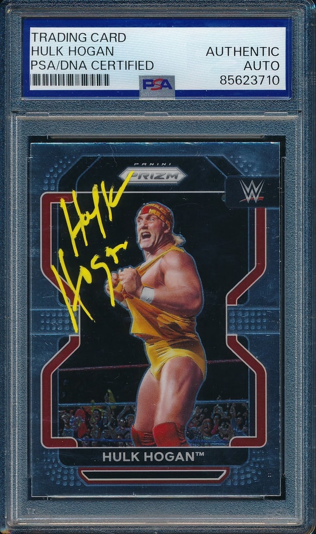 2022 Panini WWF Hulk Hogan Signed/ Autographed On Card #195 PSA/ DNA 203275: 2022 Panini WWF Hulk Hogan Signed/ Autographed On Card #195 PSA/ DNA 203275 Signed by Hulk Hogan, this 2022 Panini WWF autographed card features a unique piece of wrestling memorabilia. The card is of