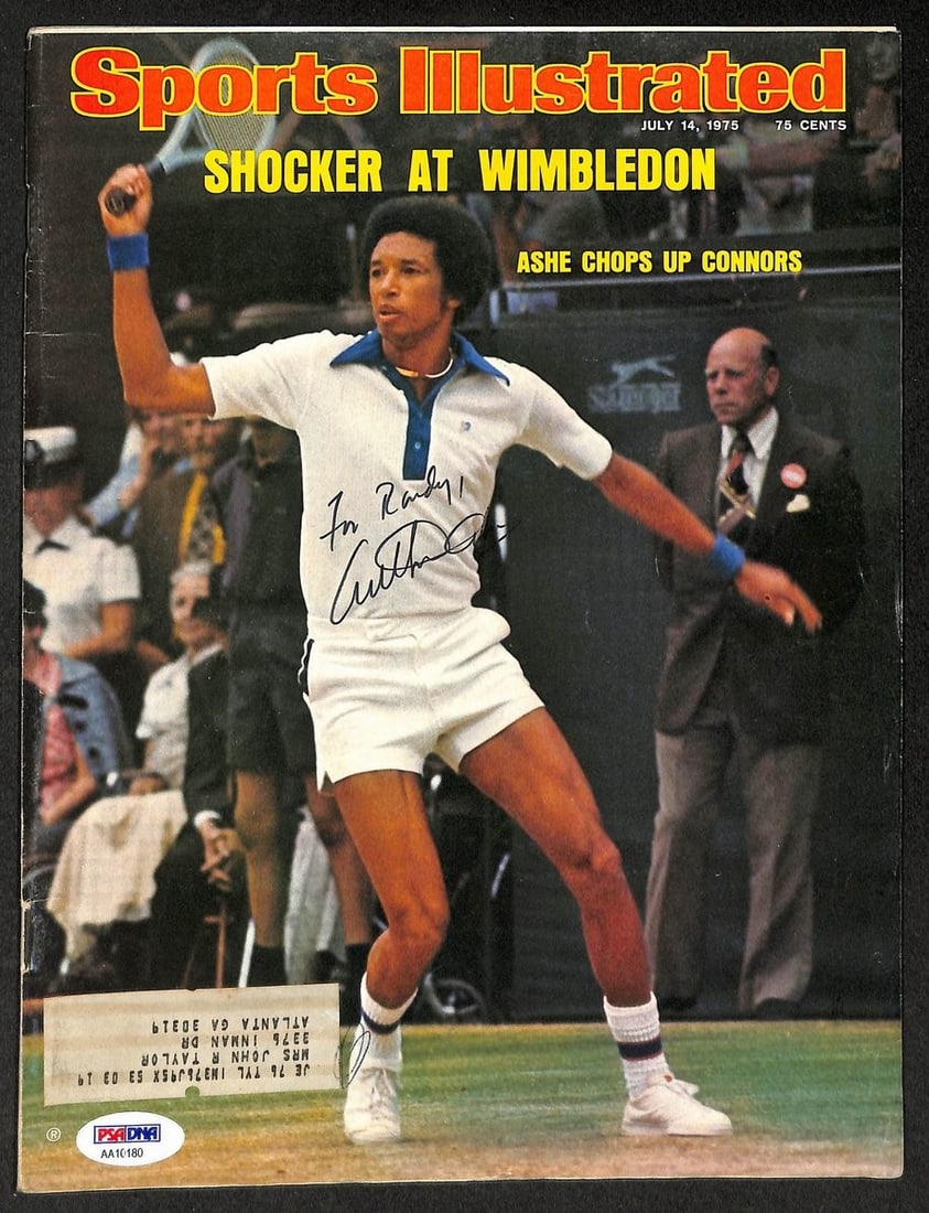 Arthur Ashe Signed Sports Illustrated 1975 Tennis PSA DNA 212071: Arthur Ashe Signed Sports Illustrated 1975 Tennis PSA DNA 212071 Signed by tennis legend Arthur Ashe, this 1975 Sports Illustrated photo features a notable moment in his career, showcasing his impress