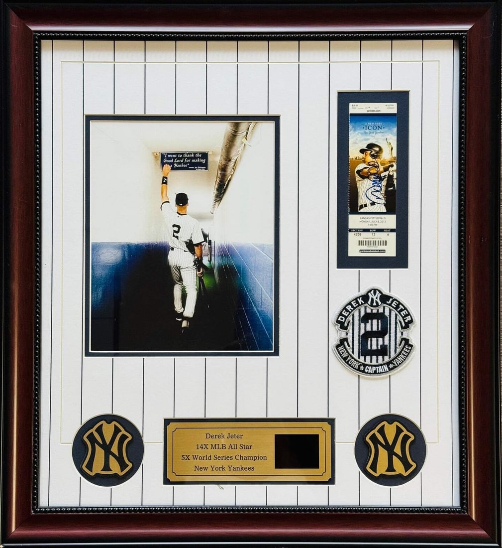 Derek Jeter Autographed Framed Ticket July 8 2013 (Steiner): Derek Jeter Autographed Framed Ticket July 8 2013 (Steiner) Signed by Derek Jeter in blue sharpie across the front of a ticket from the July 8th, 2013 game against the Kansas City Royals, this framed 