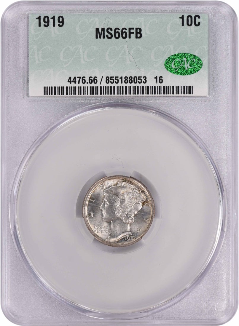 1919 Mercury Silver Dime MS66FB CACG: 1919 Mercury Silver Dime MS66FB CACG The 1919 Mercury Silver Dime MS66FB CACG boasts a stunning MS66 grade, indicating exceptional condition, and is certified by CACG, a reputable third-party grading 