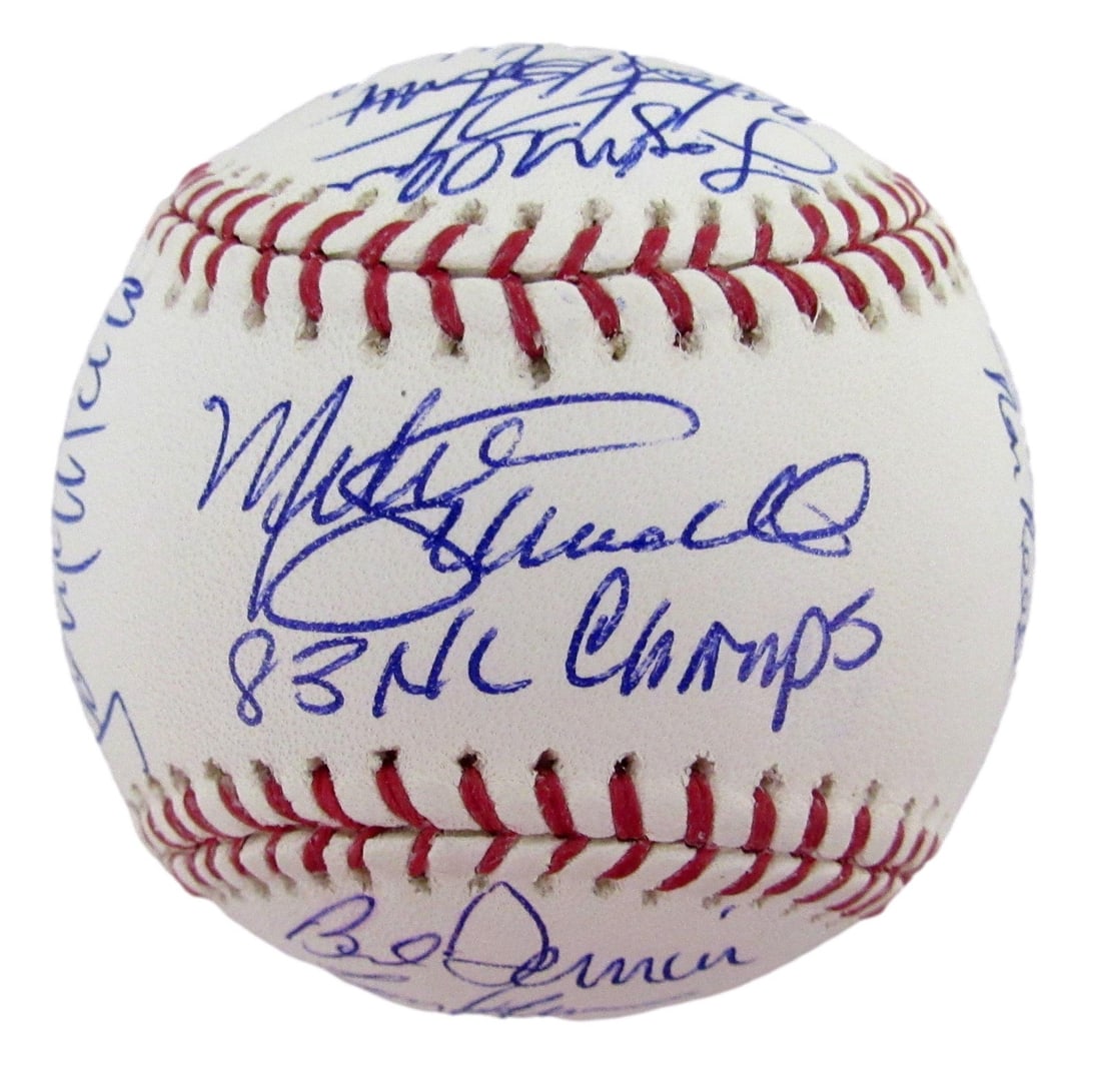 1983 NL Champs Phillies Team Signed by (19) OML Baseball Rose Schmidt HOF 212625: 1983 NL Champs Phillies Team Signed by (19) OML Baseball Rose Schmidt HOF 212625 Signed by 19 members of the 1983 NL Champs Phillies, this 1983 NL Champs baseball features the iconic Rose Schmidt, a H