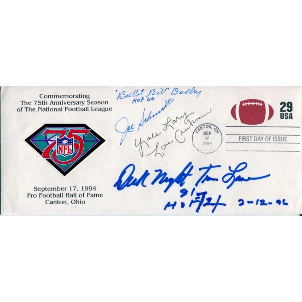 Joe Schmidt Yale Lary Lou Creekmore Dick Night Train Bullet Bill: Joe Schmidt Yale Lary Lou Creekmore Dick Night Train Bullet Bill Bullet Bill Dudley, Joe Schmidt, Yale Lary, Lou Creekmore, and Dick Night Train Lane are all signed on a 1994 First Day of Issue cache,
