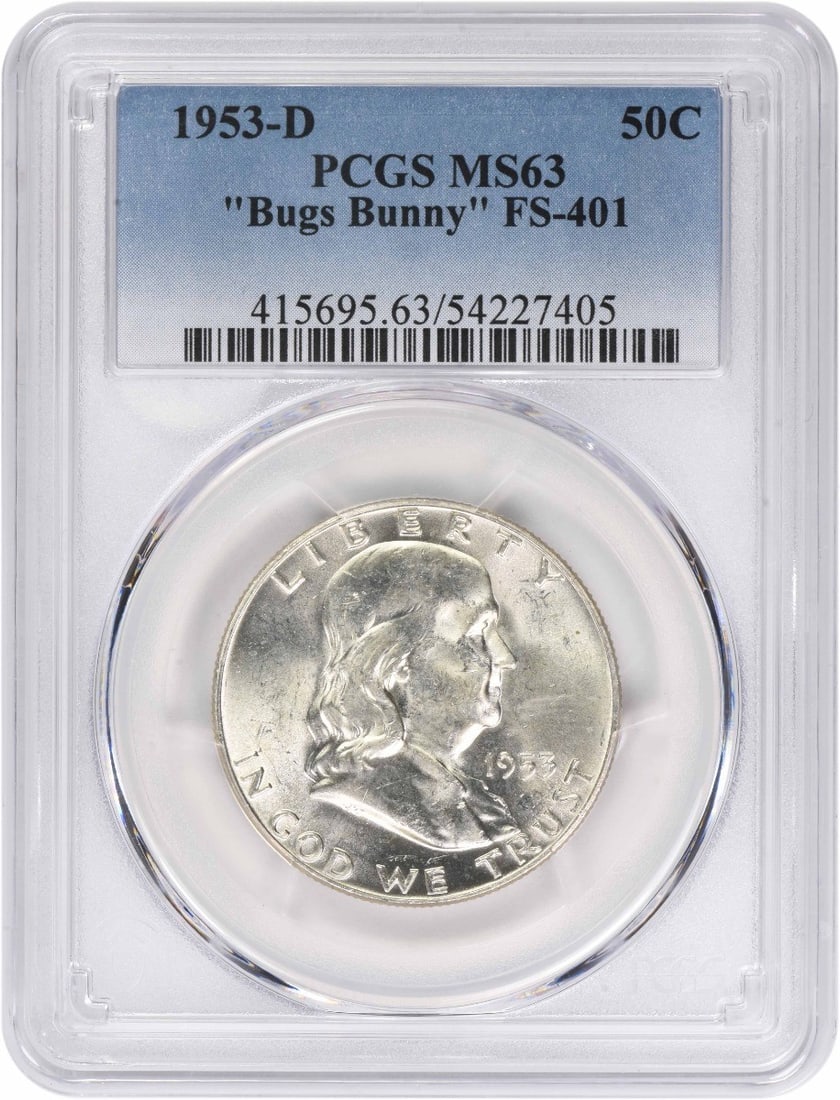 1953-D Franklin Silver Half Dollar Bugs Bunny FS-401 MS63 PCGS: 1953-D Franklin Silver Half Dollar Bugs Bunny FS-401 MS63 PCGS The 1953-D Franklin Silver Half Dollar Bugs Bunny FS-401 MS63 PCGS is a highly detailed and unique coin, featuring a striking design by J