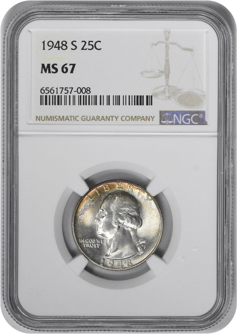 1948-S Washington Silver Quarter MS67 NGC: 1948-S Washington Silver Quarter MS67 NGC The 1948-S Washington Silver Quarter MS67 NGC is a highly graded uncirculated coin featuring John Flanagan's iconic design. With a mintage of over 15 million,