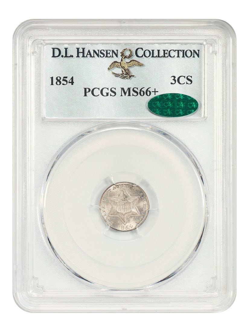 PCGS CAC MS66+ ex D.L. Hansen: PCGS CAC MS66+ ex D.L. Hansen The 1854 3CS coin, certified MS66+ by PCGS, boasts a high level of detail and luster, with a strong strike and well-defined design elements. This uncirculated specimen, g