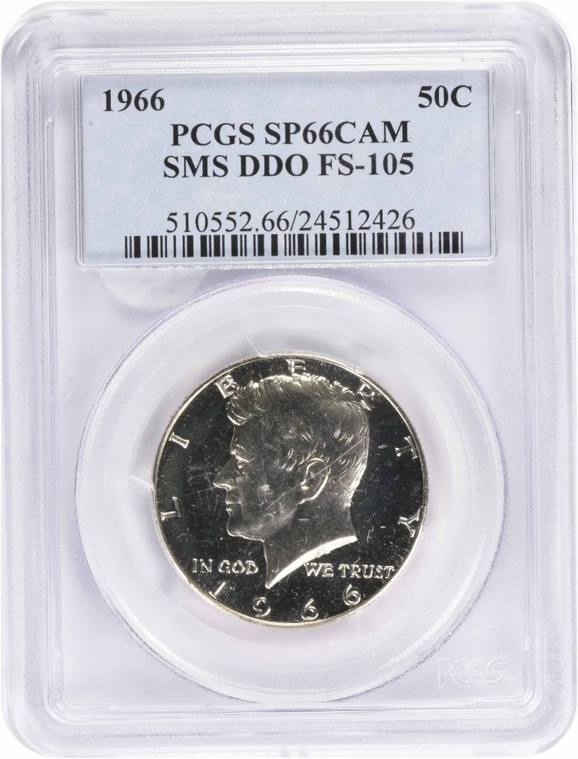 1966 Kennedy Silver Half Dollar SMS DDO FS-105 SP66CAM PCGS: 1966 Kennedy Silver Half Dollar SMS DDO FS-105 SP66CAM PCGS Item Specifics: Certification: PCGS Circulated/Uncirculated: Uncirculated Km Number: 202a Year: 1966 Strike Type: Special Strike Composition
