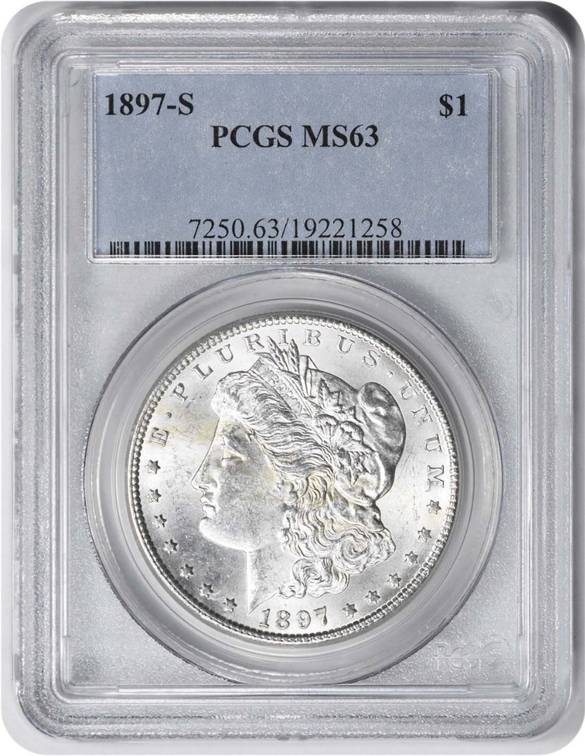 1897-S Vam 13 Morgan Dollar Spiked Lip MS63 PCGS: 1897-S Vam 13 Morgan Dollar Spiked Lip MS63 PCGS The 1897-S Vam 13 Morgan Dollar Spiked Lip MS63 PCGS is a highly detailed and well-crafted coin, featuring a reeded edge and a distinctive mint mark. C