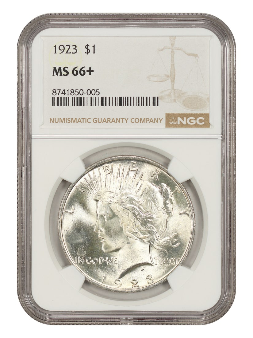 1923 $1 NGC MS66+ - Peace Dollar - Popular Collector Date: 1923 $1 NGC MS66+ - Peace Dollar - Popular Collector Date The 1923 $1 NGC MS66+ Peace Dollar is a highly graded, uncirculated coin featuring a classic design from the early 20th century. Certified by 