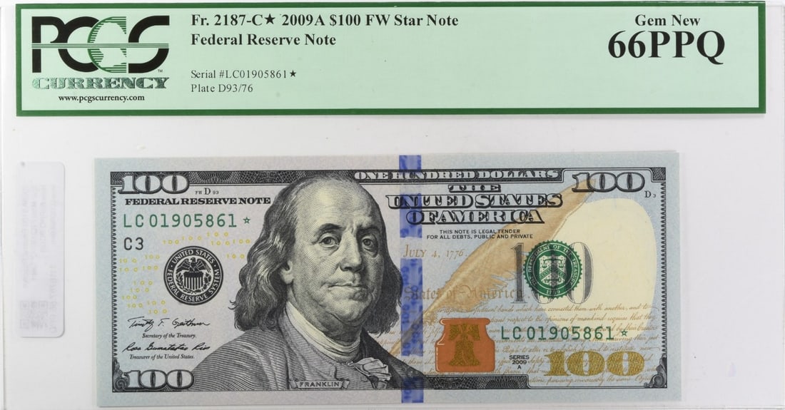 2009A $100 Federal Reserve Star Note FR2187-C* Gem New 66PPQ PCGS: 2009A $100 Federal Reserve Star Note FR2187-C* Gem New 66PPQ PCGS The 2009A $100 Federal Reserve Star Note is a highly graded, uncirculated gem, boasting a stunning MS66 grade from PCGS. This exceptio