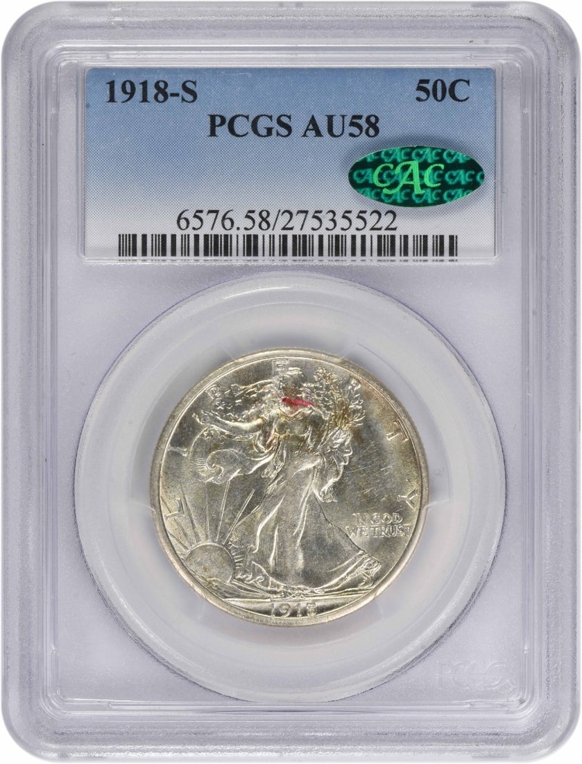 Silver Half Dollar Walking Liberty 1918 AU58 PCGS CAC: Silver Half Dollar Walking Liberty 1918 AU58 PCGS CAC The 1918 Silver Half Dollar Walking Liberty coin features a striking design by Adolph Alexander Weinman, with its 90% silver composition and reede