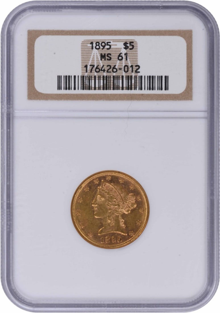 $5 Gold Liberty Head MS61 NGC 1895: $5 Gold Liberty Head MS61 NGC 1895 The 1895 $5 Gold Liberty Head MS61 NGC coin boasts a high level of detail and craftsmanship, with its intricate design and well-preserved condition. Certified by the