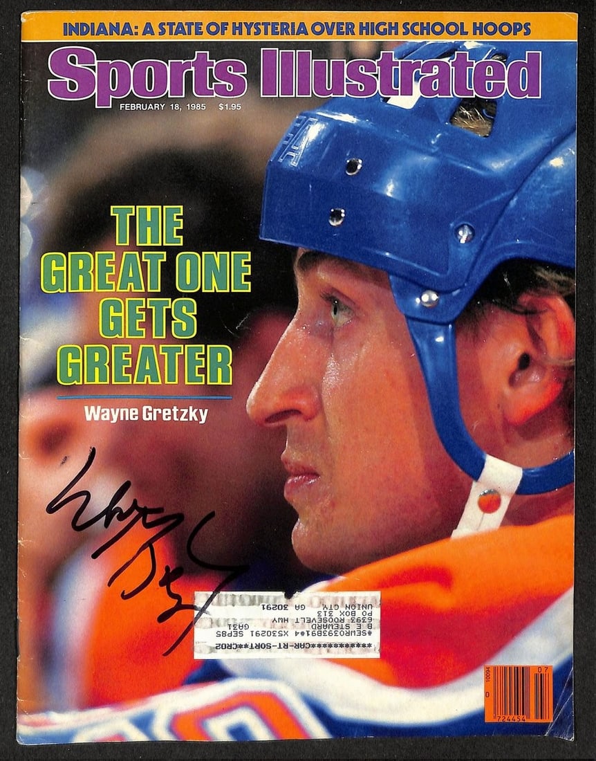 Wayne Gretzky HOF Signed/ Autographed 1985 Sports Illustrated Oilers JSA 212096: Wayne Gretzky HOF Signed/ Autographed 1985 Sports Illustrated Oilers JSA 212096 Authentic 1985 Sports Illustrated cover featuring Wayne Gretzky in his Oilers jersey, signed by the hockey legend. This 