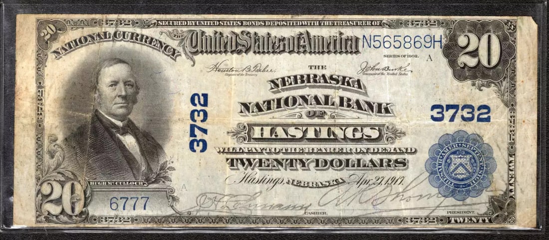 1902 $20 NEBRASKA NATIONAL BANKNOTE CURRENCY HASTINGS NEBRASKA FR.658 (6777): 1902 $20 NEBRASKA NATIONAL BANKNOTE CURRENCY HASTINGS NEBRASKA FR.658 (6777) Item Specifics: Certification: Uncertified Series Year: 1902 Year: 1902 Circulated/Uncirculated: Circulated Country: United