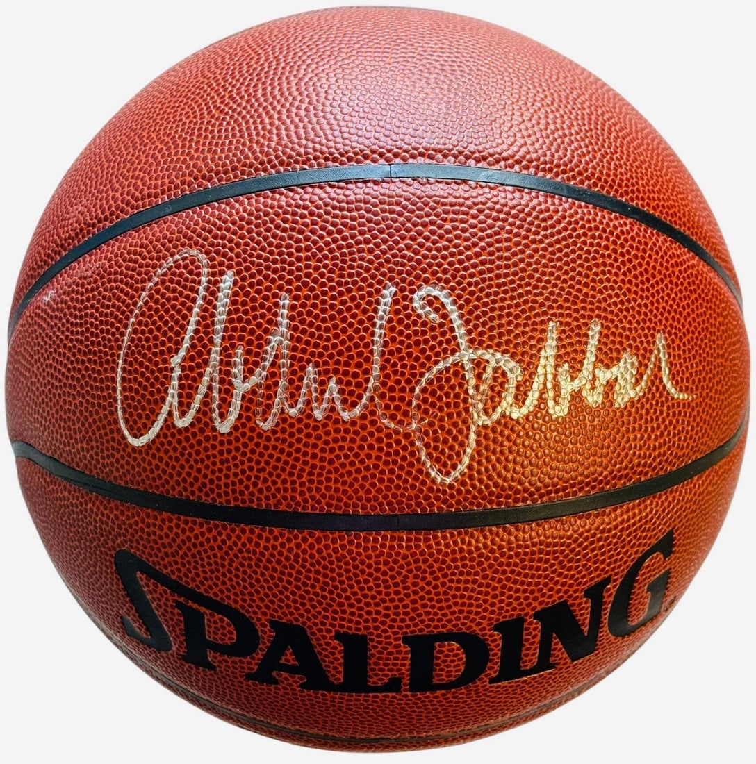 Kareem Abdul Jabbar Signed Spalding Basketball Indoor Outdoor: Kareem Abdul Jabbar Signed Spalding Basketball Indoor Outdoor Signed by basketball legend Kareem Abdul-Jabbar in silver sharpie above the Spalding logo on a David Stern basketball, this unique indoor/