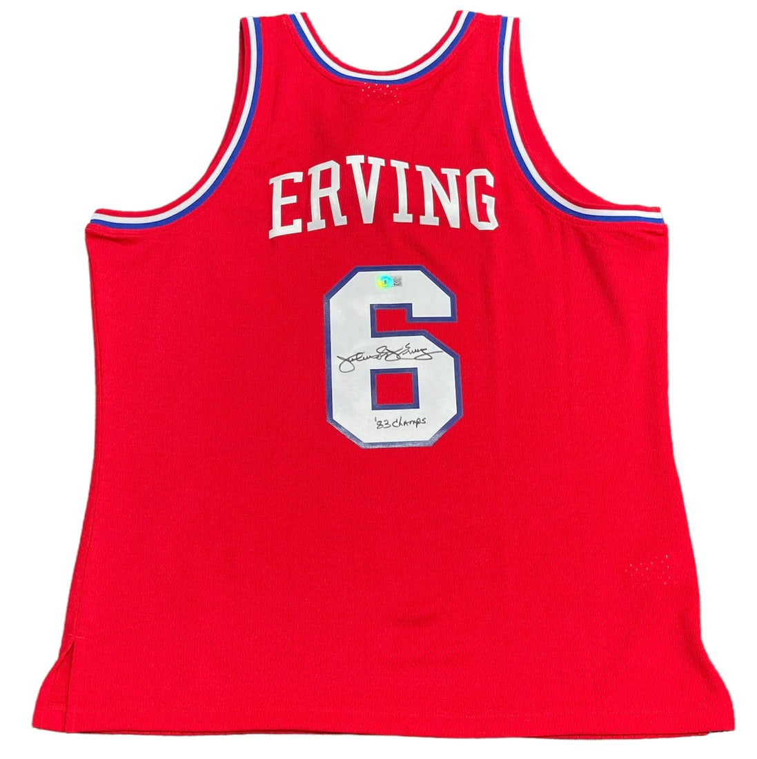 Julius Erving "83 Champs" Autographed Philadelphia 76ers Mitchell & Ness Red Jer: Julius Erving "83 Champs" Autographed Philadelphia 76ers Mitchell & Ness Red Jer The 1983 Champs autographed Philadelphia 76ers Mitchell & Ness red jersey is a unique piece of sports history, bearing