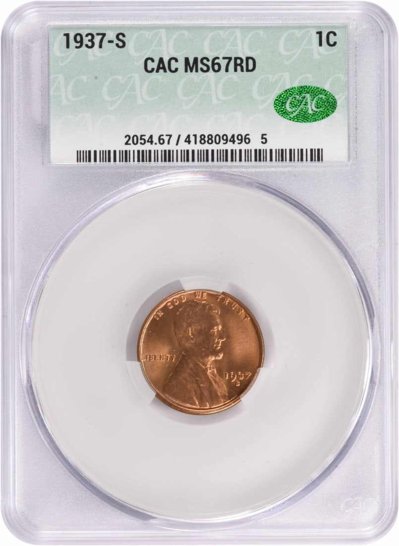MS67RD CACG Lincoln Cent 1937-S: MS67RD CACG Lincoln Cent 1937-S The 1937-S Lincoln Cent MS67RD CACG is a highly detailed and well-preserved coin, boasting a grade of MS67 from the CACG. This uncirculated coin features a rich copper 