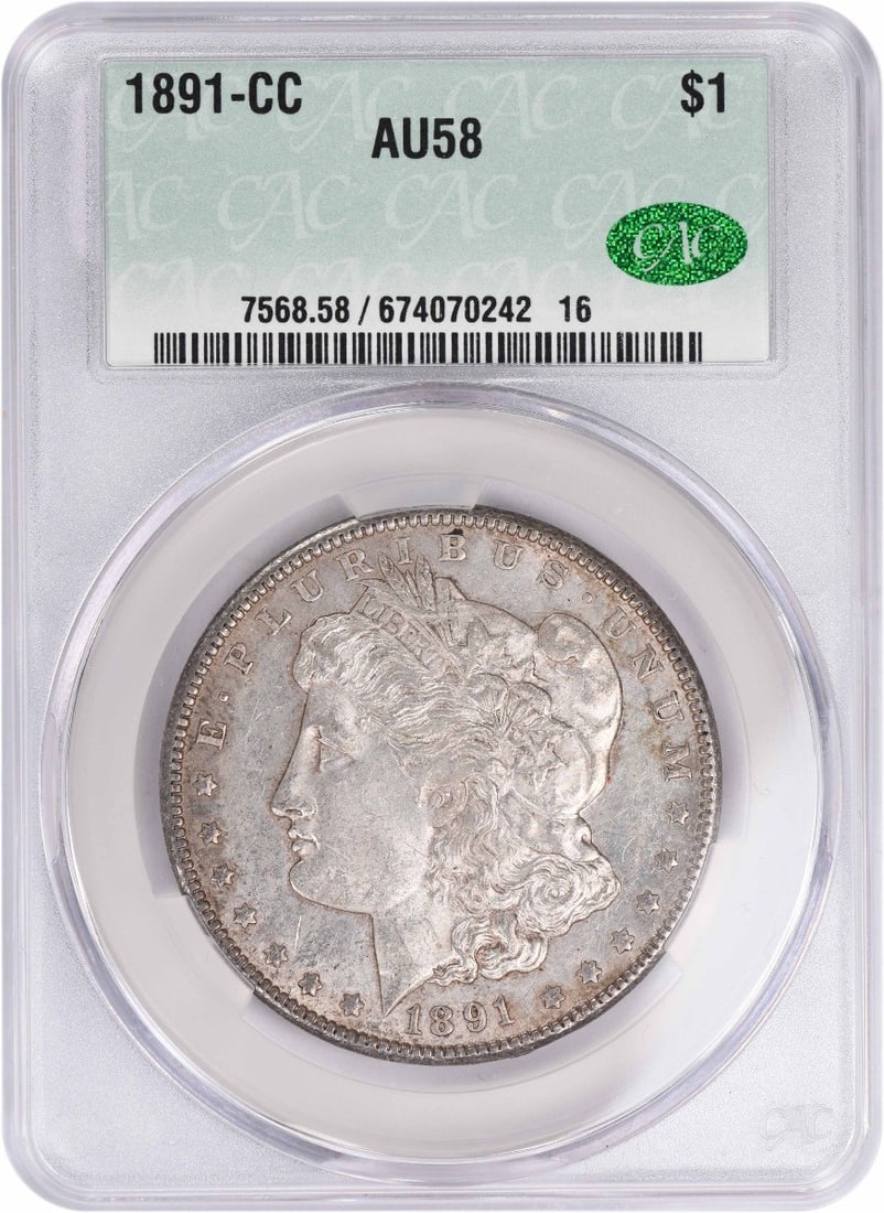 CACG Morgan Silver Dollar AU58 1891: CACG Morgan Silver Dollar AU58 1891 The 1891 Morgan Silver Dollar is a circulated example with a high grade of AU58, certified by the CACG. This coin features a striking design by George T. Morgan and