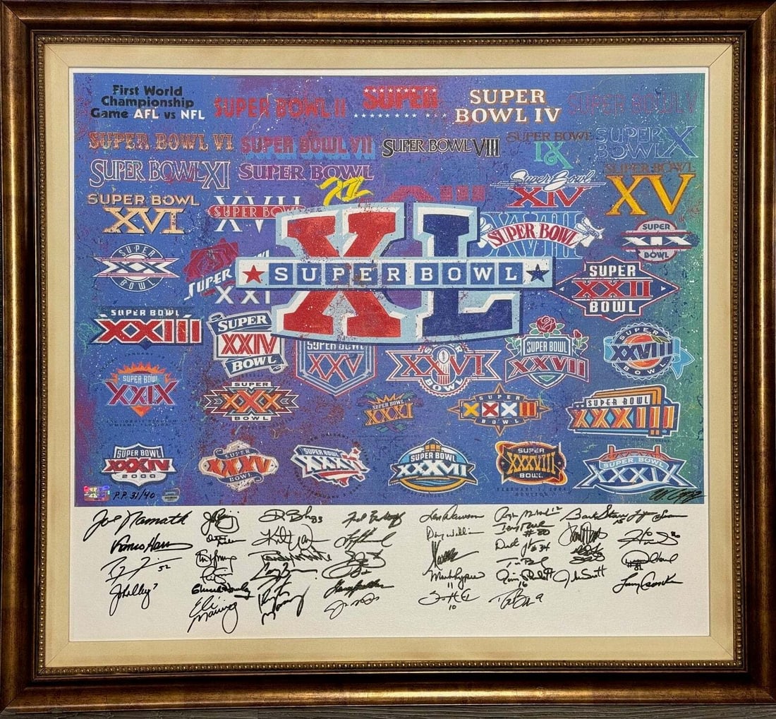 Super Bowl MvP's Autographed Giclee L.E. 31/ 40 (Mounted Memories): Super Bowl MvP's Autographed Giclee L.E. 31/ 40 (Mounted Memories) Signed in black paint pen across the bottom of the piece, this Super Bowl MVP's Autographed Giclee L.E. 31/40 is a unique and exclusi