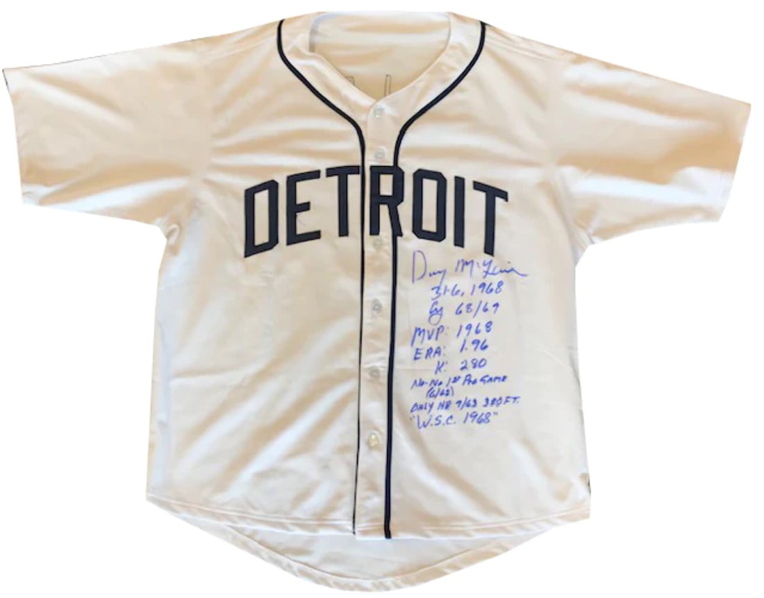Stat Denny McLain Autographed Detroit Tigers Jersey: Stat Denny McLain Autographed Detroit Tigers Jersey Item Specifics: Signed in blue sharpie across the front of the jersey Autograph is authenticated by , and will be accompanied by a COA from . Produc