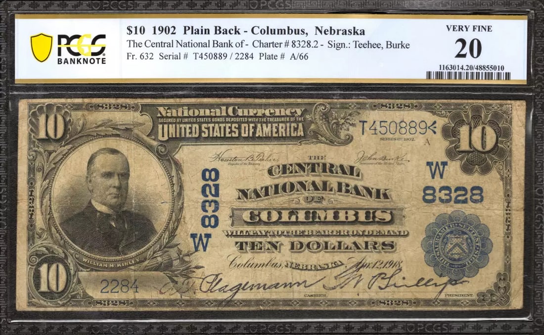 NEBRASKA CENTRAL 20 VF PCGS 889 CURRENCY BANKNOTE 1902 COLUMBUS $10: NEBRASKA CENTRAL 20 VF PCGS 889 CURRENCY BANKNOTE 1902 COLUMBUS $10 The 1902 $10 Columbus note from Nebraska Central features a PCGS grade of 20, indicating its circulated condition. This Third Charte