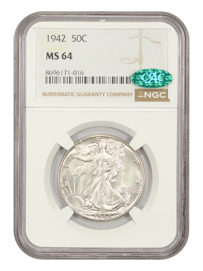 1942 50C NGC/ CAC MS64 - Walking Liberty Half Dollar: 1942 50C NGC/ CAC MS64 - Walking Liberty Half Dollar The 1942 Walking Liberty Half Dollar is a highly sought-after coin, featuring a stunning design by Frank Gasparro and minted in Philadelphia. This 