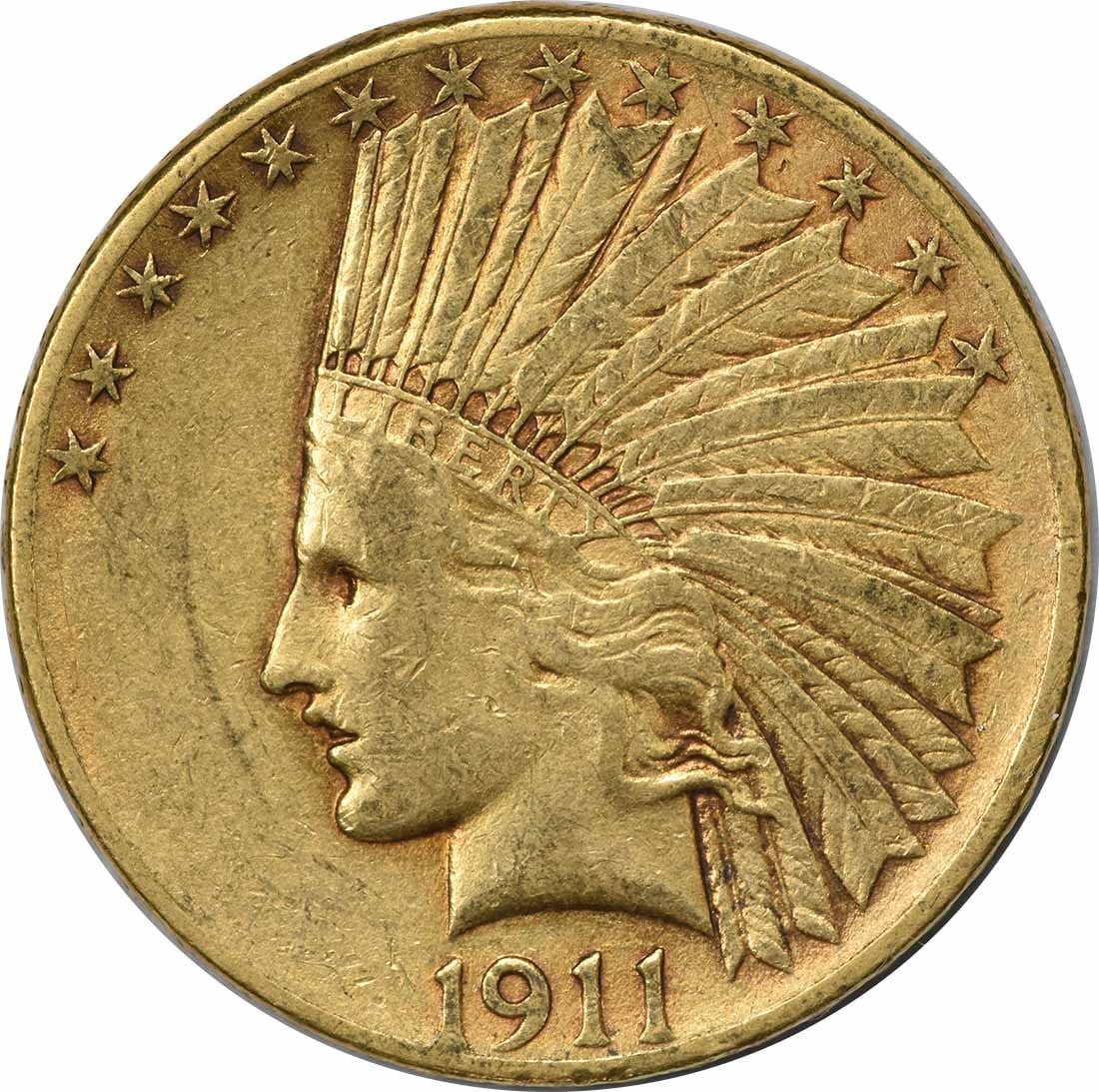 $10 Gold Indian 1911 EF Uncertified: $10 Gold Indian 1911 EF Uncertified The 1911 $10 Gold Indian features a striking design by Augustus Saint Gaudens, with its raised stars edge and 90% gold composition. This circulated example is certi