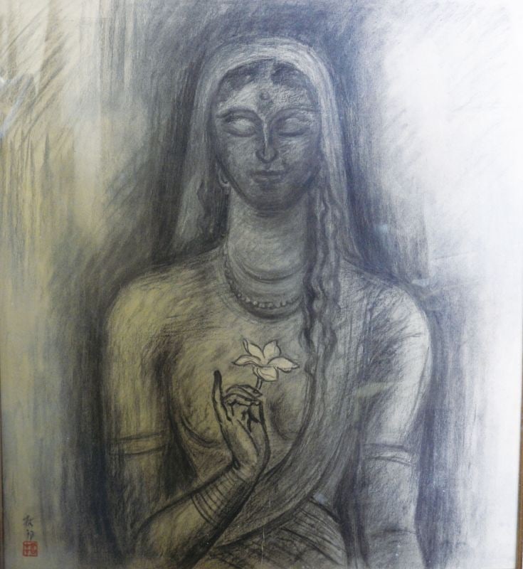Buddhist Art Framed Sketch Apsara with Flowers by Tetsuro Sugimoto (1 of 3)