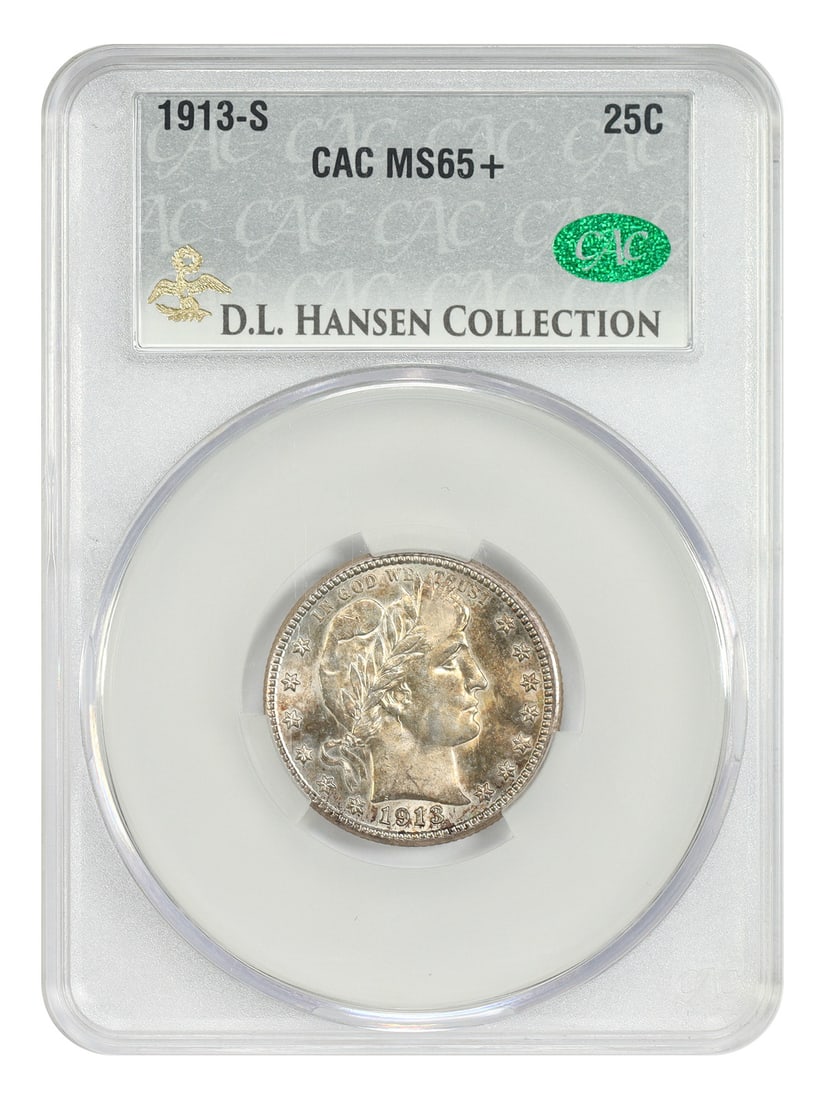 25C MS65+ ex: D.L. Hansen 1913-S CACG Barber Quarter: 25C MS65+ ex: D.L. Hansen 1913-S CACG Barber Quarter The 1913-S Barber Quarter, graded MS65+, boasts a rich history as an early example of the iconic Barber design, minted in San Francisco. This uncir
