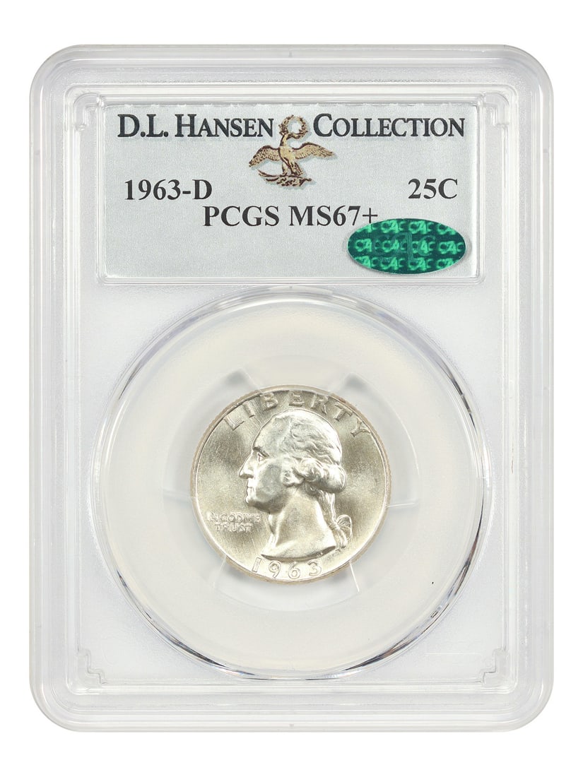 1963-D 25C PCGS/ CAC MS67+ ex: D.L. Hansen - Washington Quarter: 1963-D 25C PCGS/ CAC MS67+ ex: D.L. Hansen - Washington Quarter The 1963-D Washington Quarter is a highly graded coin, certified MS67+ by PCGS and CAC, with a certification number of 38330758. This co