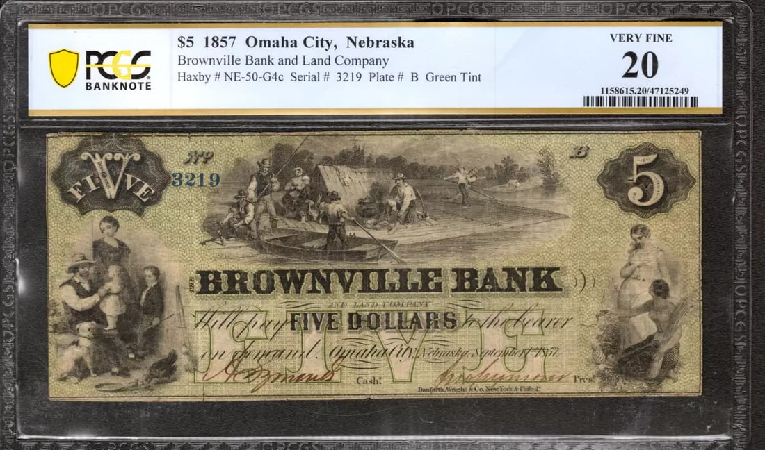 1857 $5 BROWNVILLE BANK & LAND CO NEBRASKA OBSOLETE NOTE GREEN TINT PCGS VF (249: 1857 $5 BROWNVILLE BANK & LAND CO NEBRASKA OBSOLETE NOTE GREEN TINT PCGS VF (249 PCGS VF (249) 1857 $5 Brownville Bank & Land Co. Nebraska Obsolete Note with a distinctive green tint, bearing a serial
