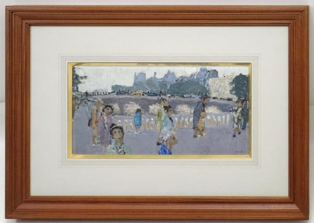 French Modern Gouache Signed Pierre Christin Bridge Scene Painting Paris 1971 (1 of 6)