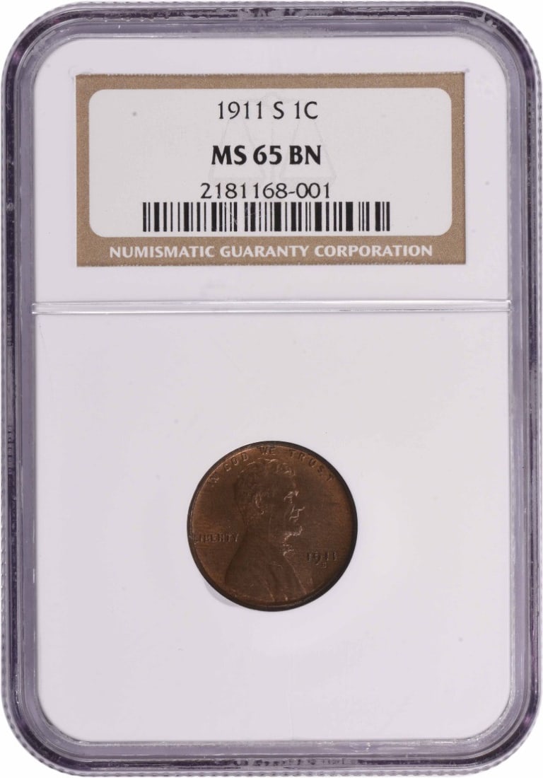 1911-S Lincoln Cent MS65BN NGC: 1911-S Lincoln Cent MS65BN NGC The 1911-S Lincoln Cent MS65BN NGC is a highly graded uncirculated coin, boasting a deep blue-gray coloration and exceptional strike quality. Certified by the Numismatic