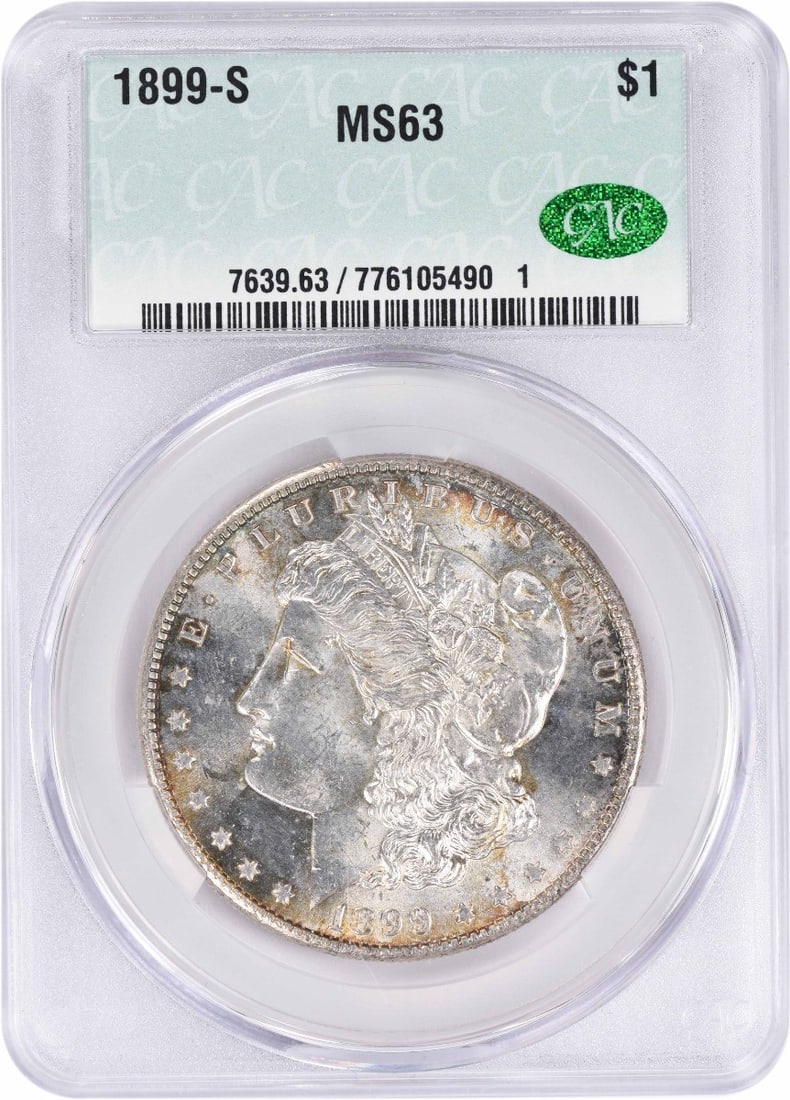 1899-S Morgan Silver Dollar MS63 CACG: 1899-S Morgan Silver Dollar MS63 CACG The 1899-S Morgan Silver Dollar MS63 CACG is a highly detailed and well-crafted coin, boasting a rich 90% silver composition and a reeded edge. Certified by CACG