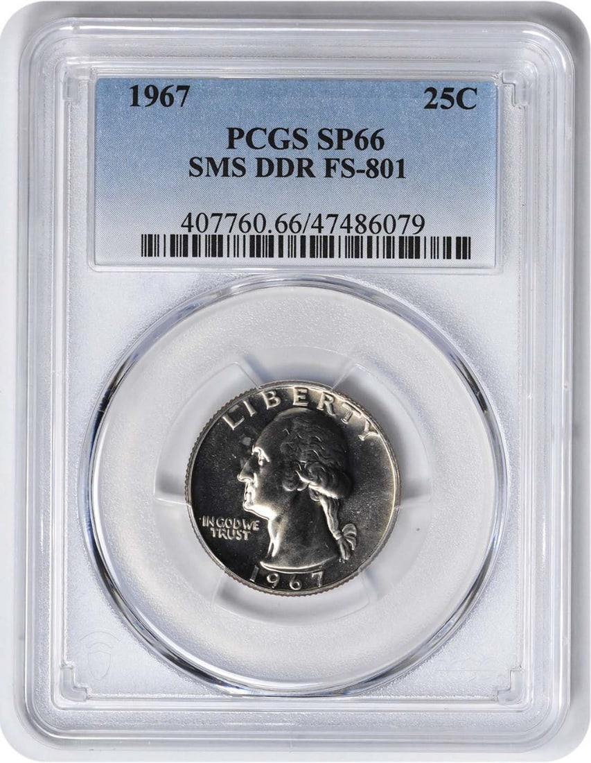 Quarter 1967 Washington SMS PCGS FS-801 SP66 DDR: Quarter 1967 Washington SMS PCGS FS-801 SP66 DDR The 1967 Washington quarter, graded SP66 by PCGS, boasts a rich history with a mintage of 1,800,000. Its unique composition of 75% copper and 25%