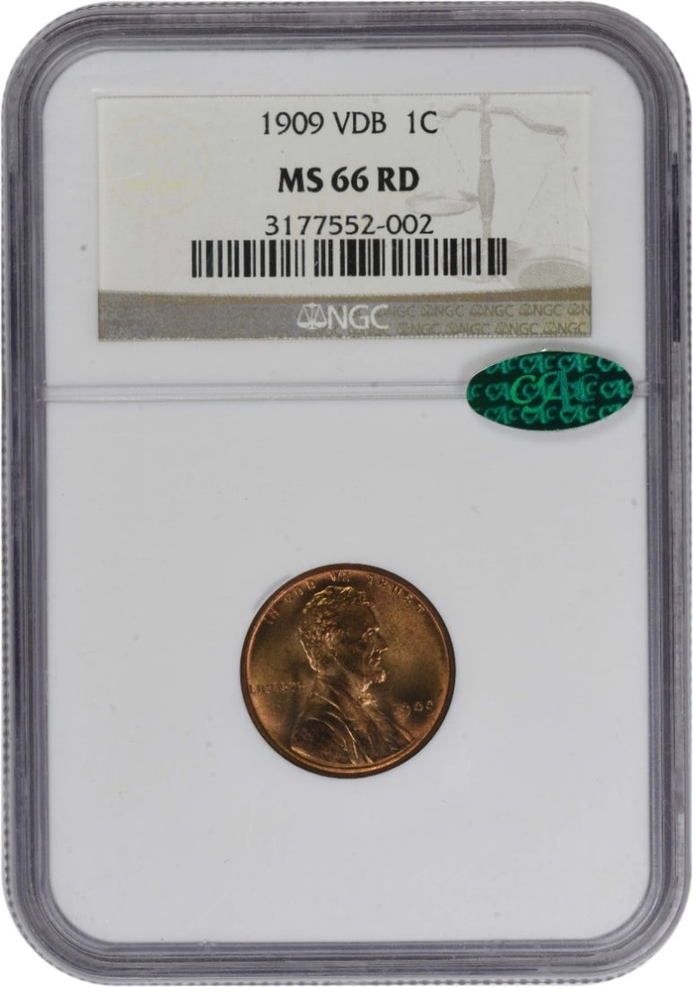 1909 VDB Lincoln Cent MS66RD NGC (CAC): 1909 VDB Lincoln Cent MS66RD NGC (CAC) The 1909 VDB Lincoln Cent MS66RD NGC is a highly graded, uncirculated example of this iconic copper coin. Certified by the Numismatic Guaranty Corporation