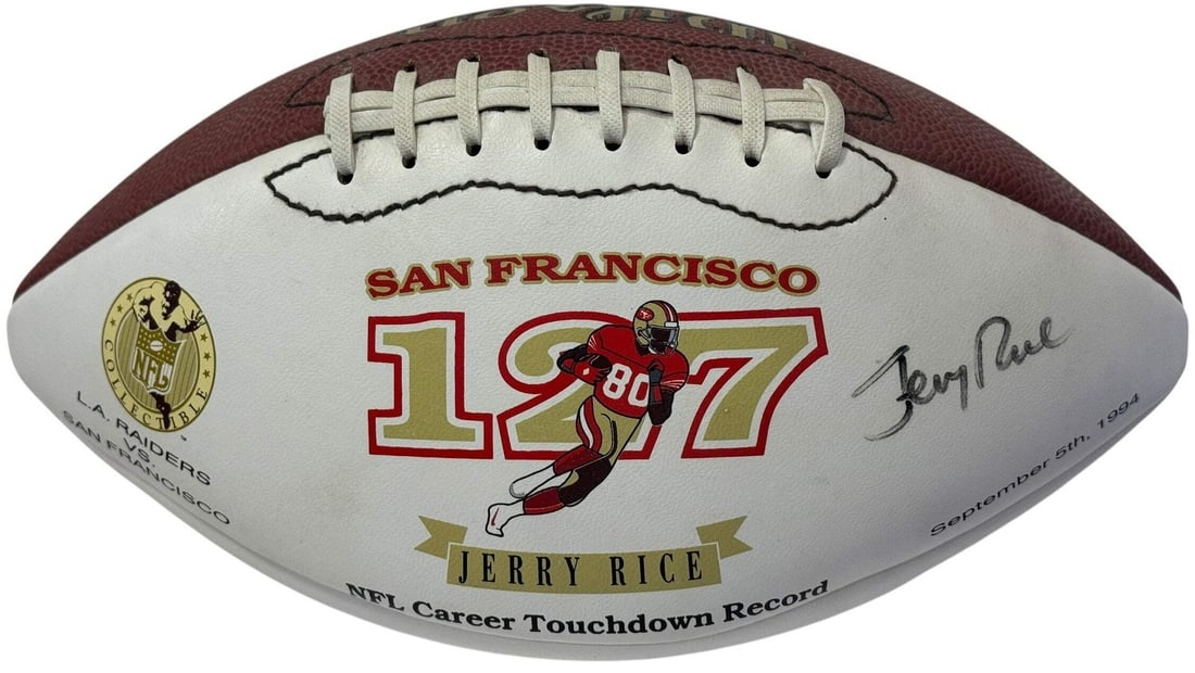 Rice Jerry Autographed Wilson White Panel Football: Rice Jerry Autographed Wilson White Panel Football Signed in black sharpie across the front of the Wilson White Panel Football is the unmistakable mark of NFL legend Jerry Rice. This unique