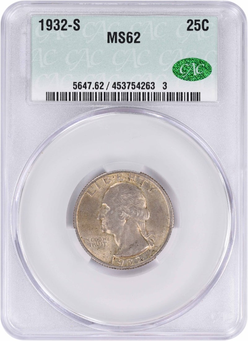 1932-S Washington Silver Quarter MS62 CACG: 1932-S Washington Silver Quarter MS62 CACG The 1932-S Washington Silver Quarter MS62 CACG is a highly detailed and accurately graded circulated/uncirculated coin, certified by CACG. This MS62 grade in