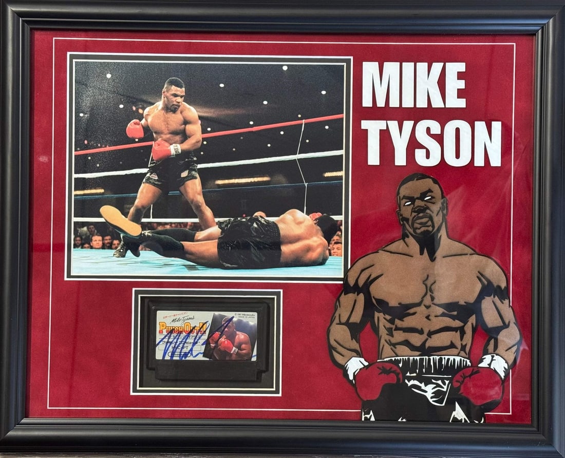 Mike Tyson Autographed Authentic NES Famicon Game Framed with unsigned 8x10 (JSA: Mike Tyson Autographed Authentic NES Famicon Game Framed with unsigned 8x10 (JSA Authentic NES Famicon Game Framed with unsigned 8x10, signed in black sharpie across the front of the game by Mike Tyso