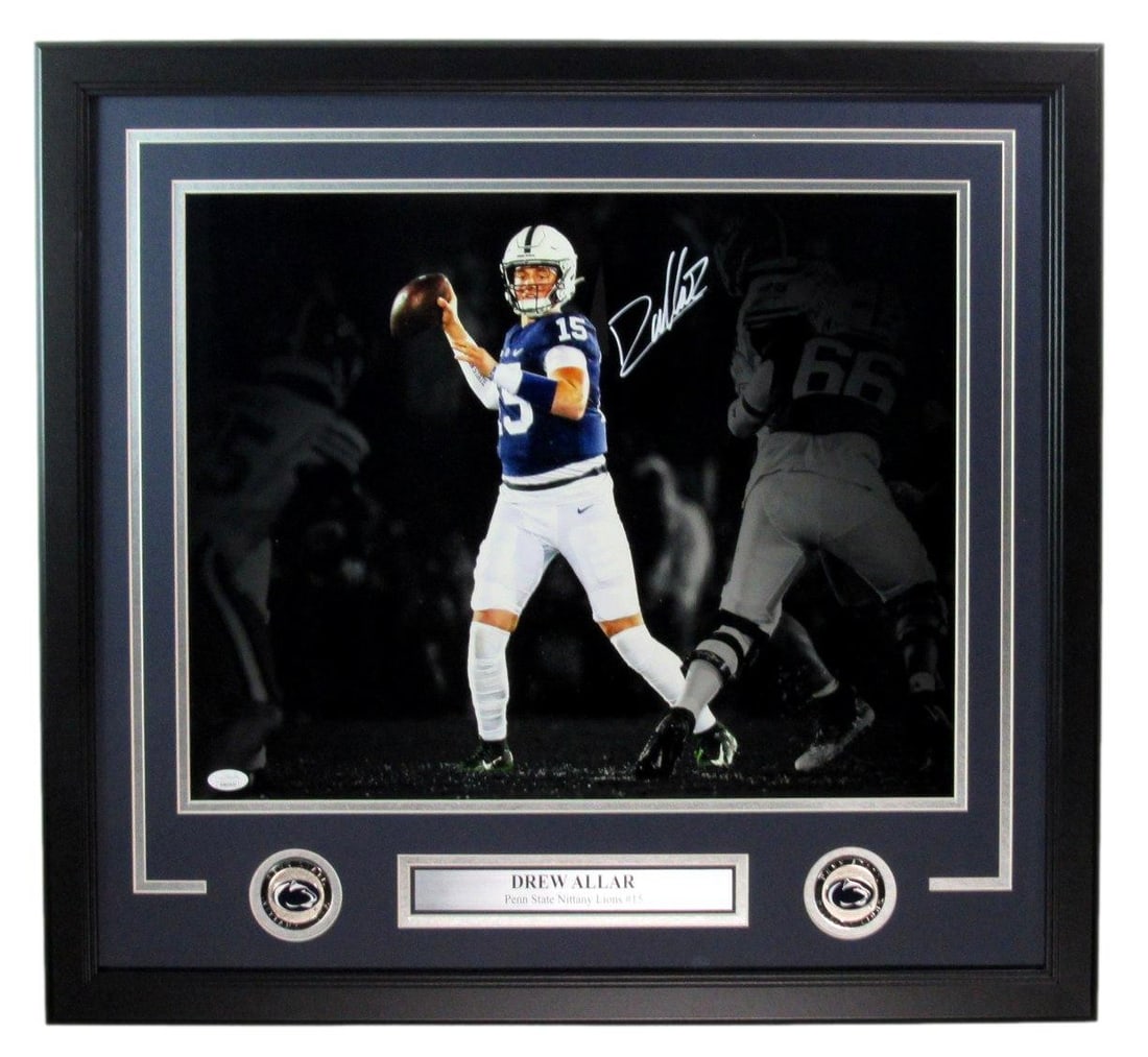 Penn State Autographed Photo Framed 16x20 Drew Allar JSA 183316: Penn State Autographed Photo Framed 16x20 Drew Allar JSA 183316 Authentic Penn State football photo bears the signature of Drew Allar, a standout player for the Nittany Lions. Framed in a 16x20 inch f