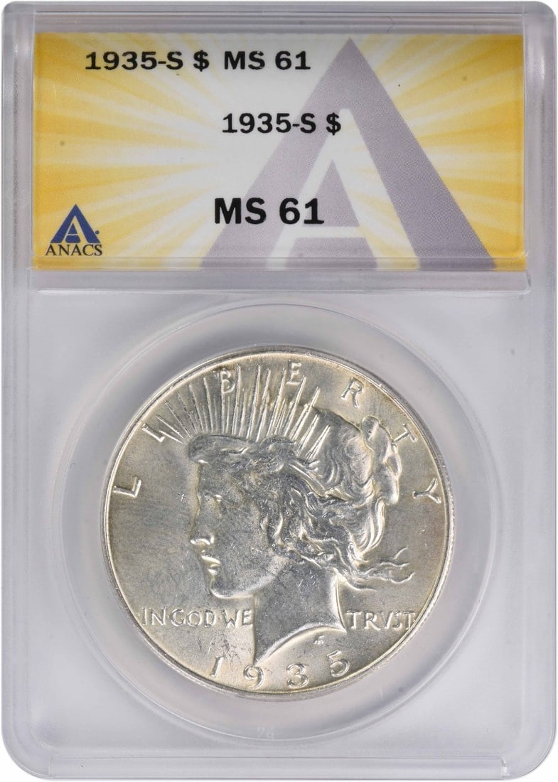 1935-S Peace Silver Dollar MS61 ANACS: 1935-S Peace Silver Dollar MS61 ANACS The 1935-S Peace Silver Dollar is a highly detailed and intricately designed coin, featuring the work of renowned sculptor Anthony de Francisci. With its reeded e