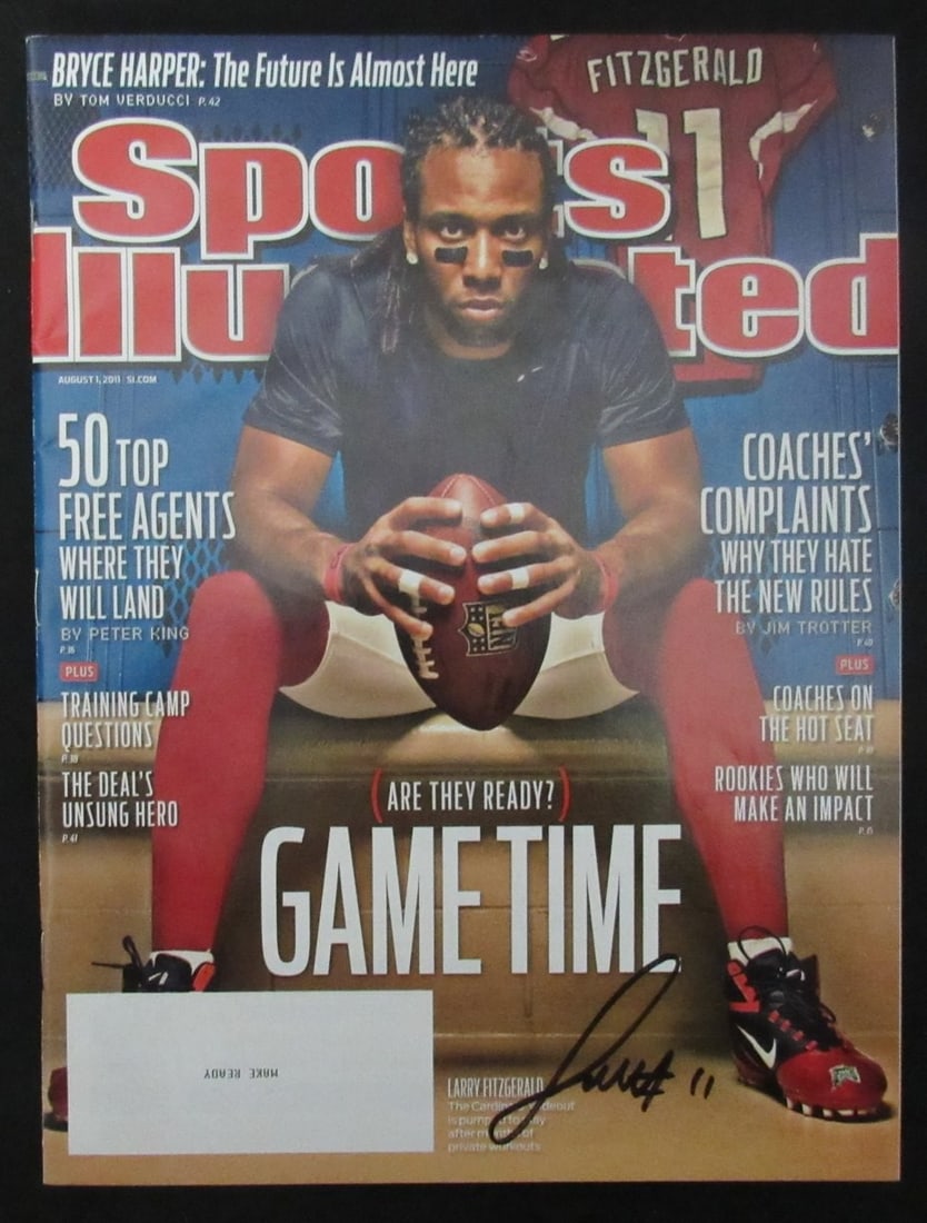Signed 2011 Magazine Sports Illustrated Larry Fitzgerald NO JSA 190778: Signed 2011 Magazine Sports Illustrated Larry Fitzgerald NO JSA 190778 Signed by Larry Fitzgerald in 2011, this Sports Illustrated magazine features the Arizona Cardinals wide receiver on the cover. T